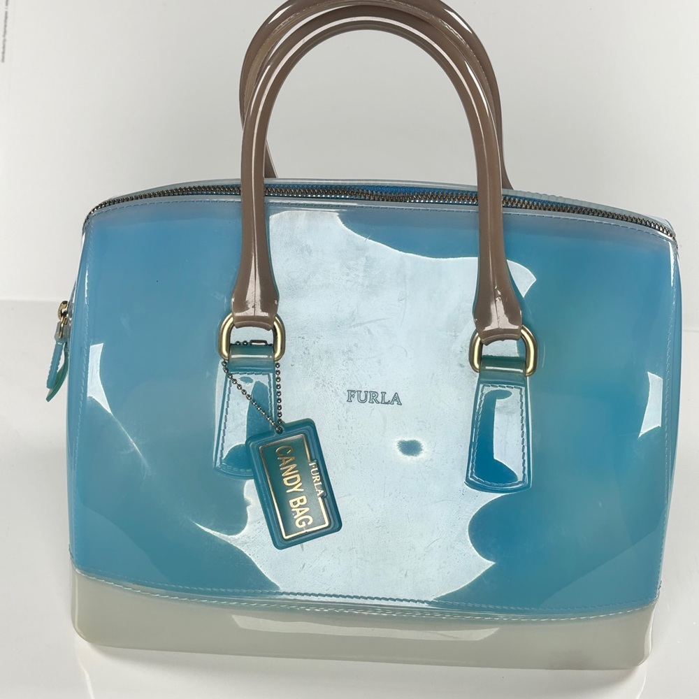 Furla Blue Clear Dome Satchel with Beige Handles - Picture 8 of 12